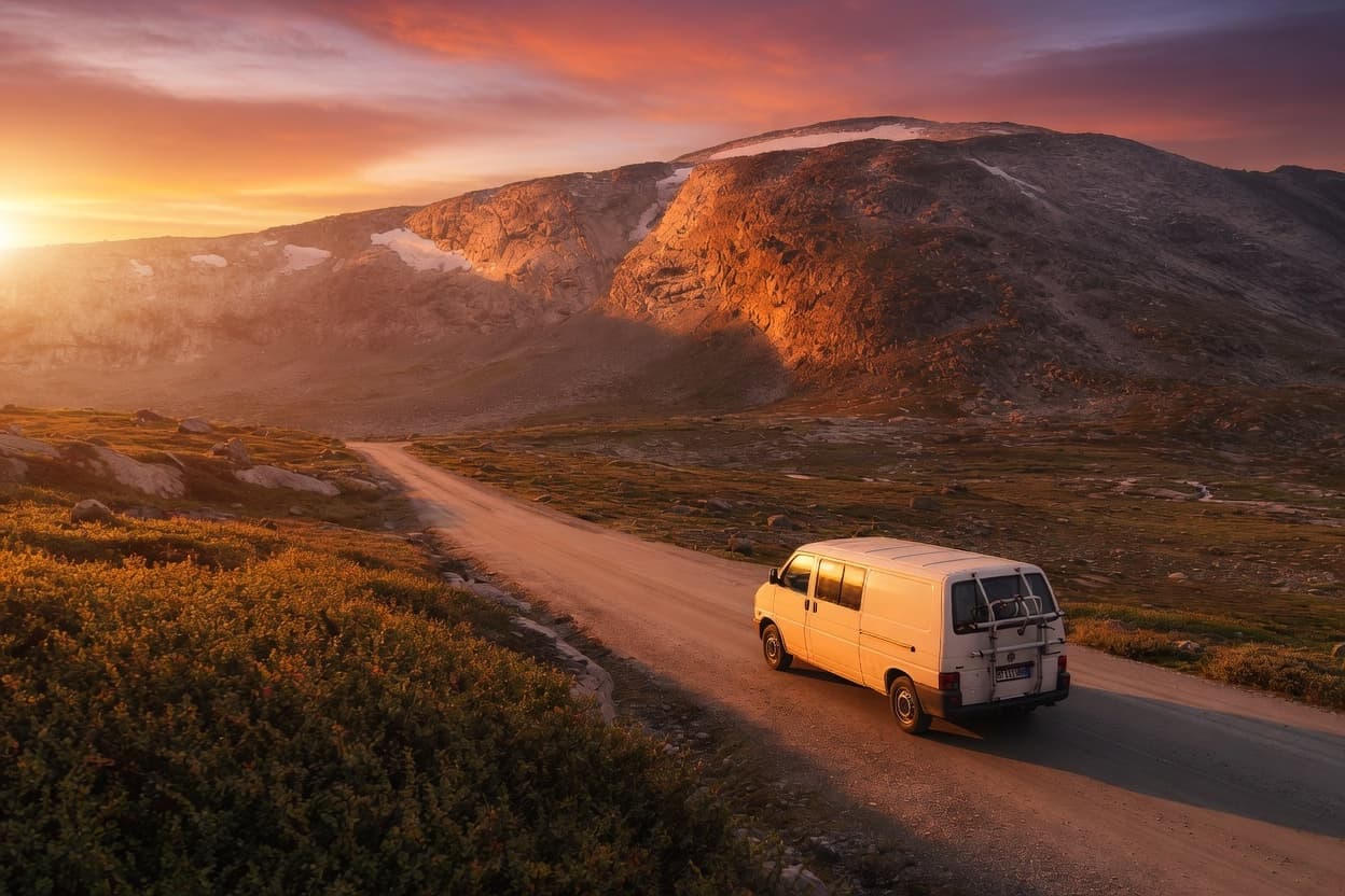 Campervan an der Steilküste bei Sonnenuntergang